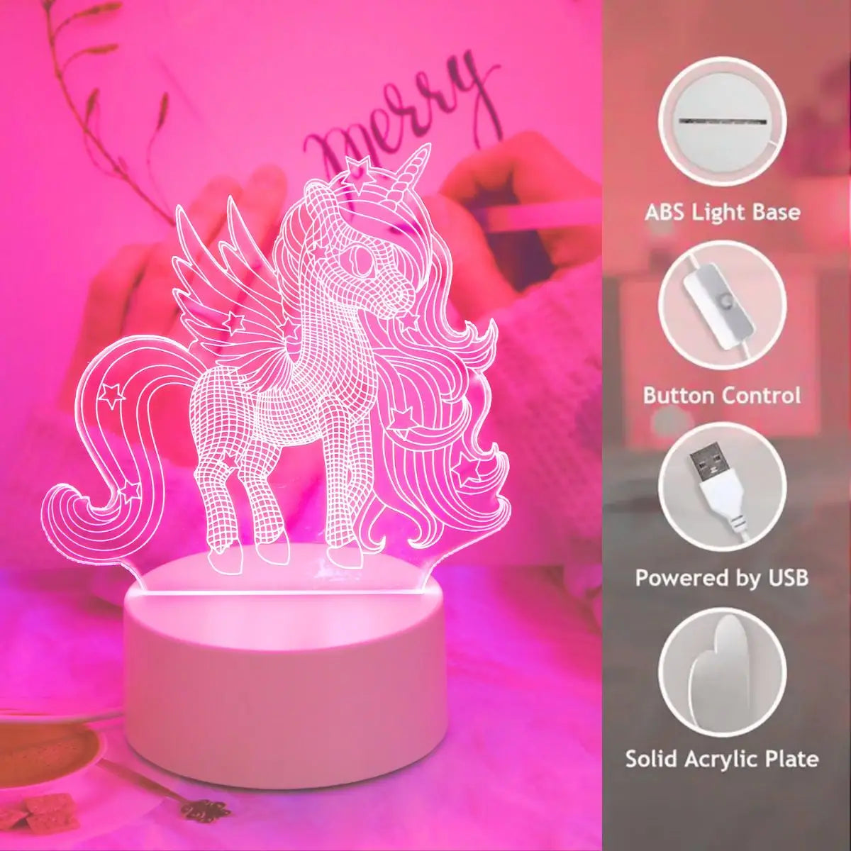 Veilleuse Licorne 3D Lumière Rose - LumiCorn